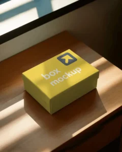 closed box mockup on wooden surface with window shadow fall natural light