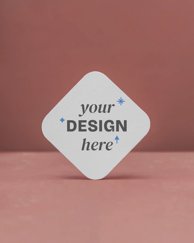diamond oriented business card mockup on textured red surface with straight soft light focus








