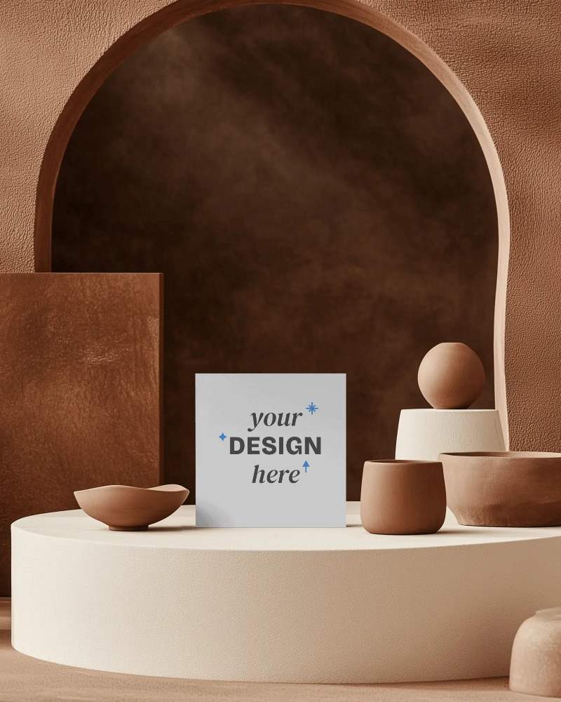 earthy tones business card mockup centered on textured cream podium among clay pots and arched background