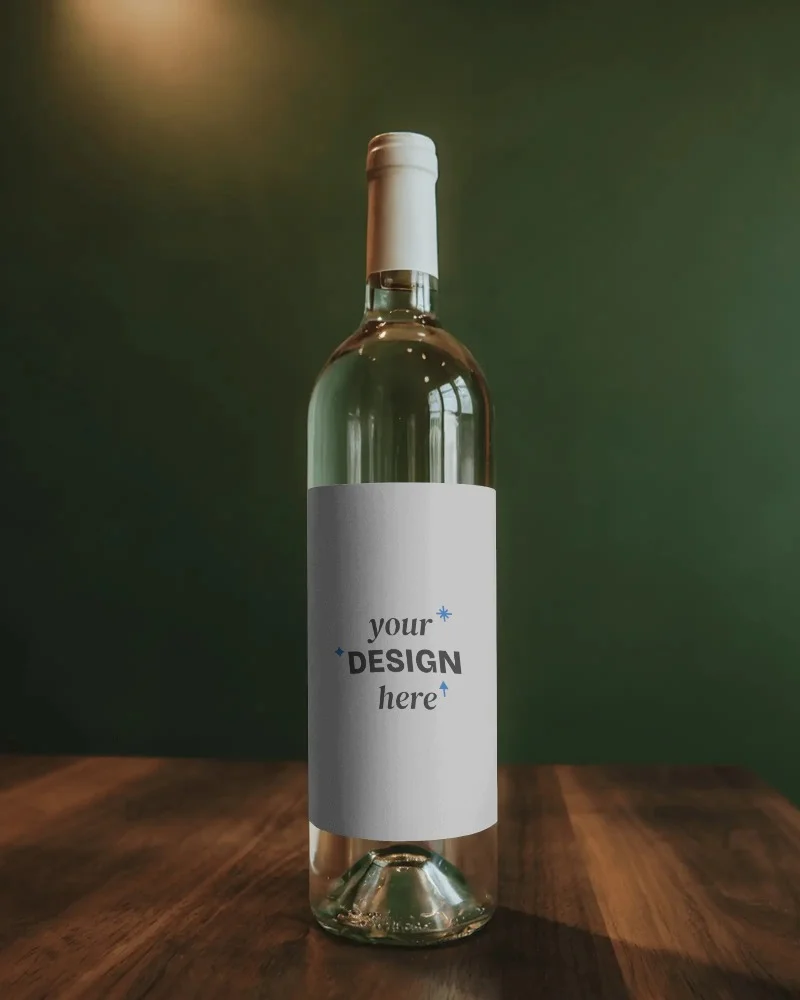 elegant wine bottle mockup with blank label standing on wooden surface for design