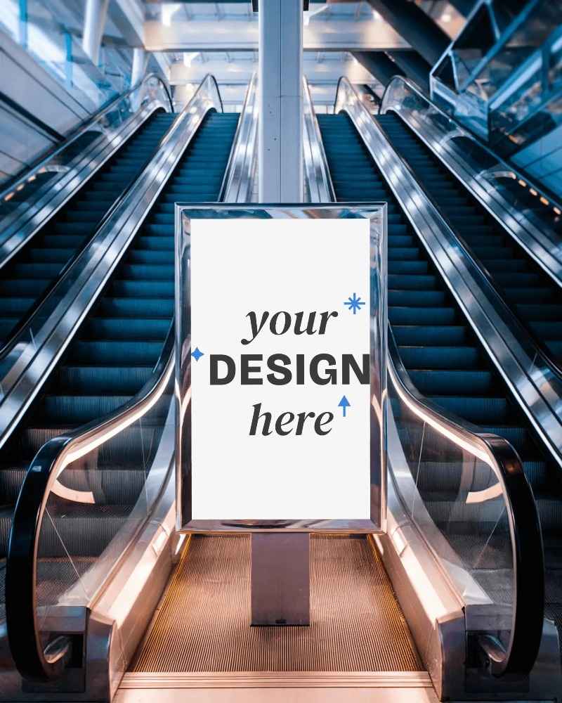 futuristic interior billboard mockup positioned between dual escalators at shopping complex








