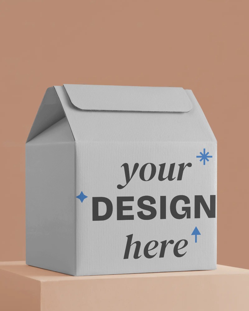 gable box mockup on peach toned podium perfect for gift or retail packaging presentations









