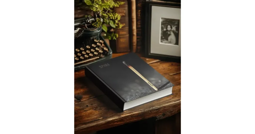 mockup of a square book on a wooden surface surrounded by retro elements