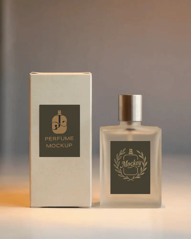 premium perfume packaging design mockup with clear glass bottle and simple box
