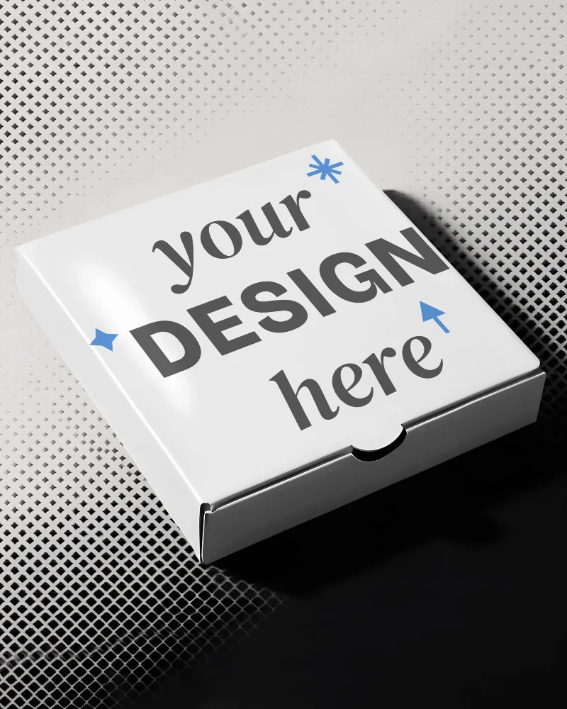 pizza box mockup on halftone pattern background with dramatic high contrast black and white dots

