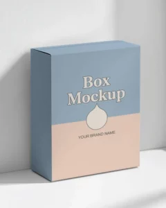 standing box mockup against white wall clean minimal retail packaging