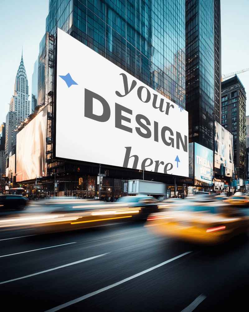 vibrant urban billboard mockup amongst skyscrapers and busy vehicles








