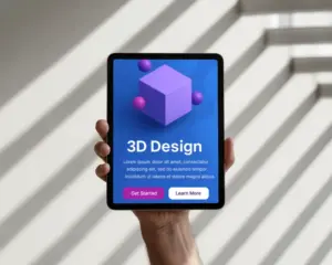 hand holding ipad air mockup with 3d design