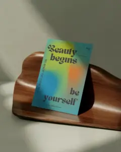 minimalistic flyer mockup on arranged wooden tray with natural light shadow play