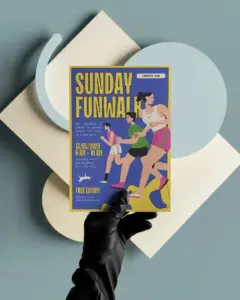 minimalistic flyer mockup with abstract geometric background and hand in glove holding paper