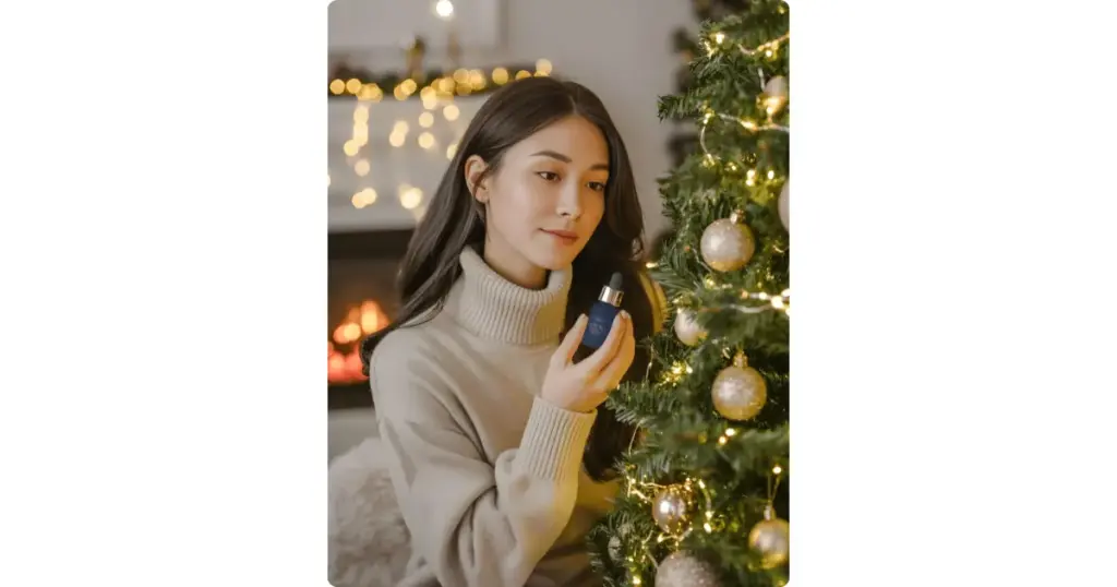 a woman sitting beside a christmas tree holding a dropper bottle
