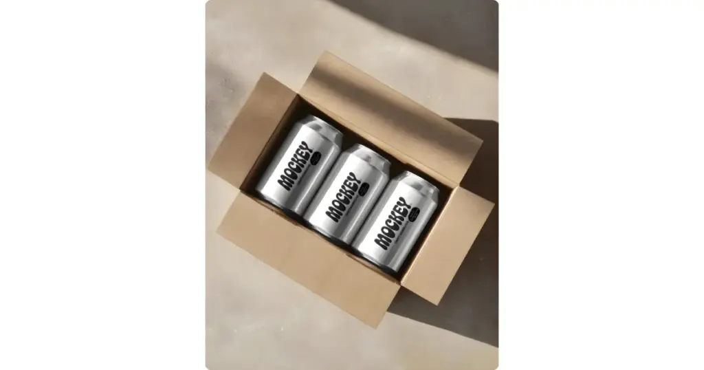 three aluminium cans lined up in a cardboard box