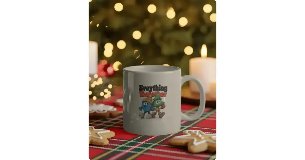a mug on tartan tablecloth with gingerbread cookies