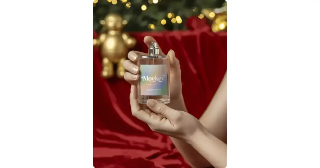 a perfume bottle is held gently in both hands