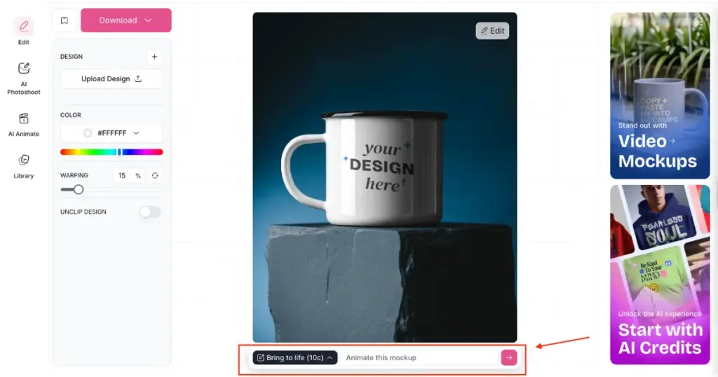 convert mug mockup to animation using bring to life feature