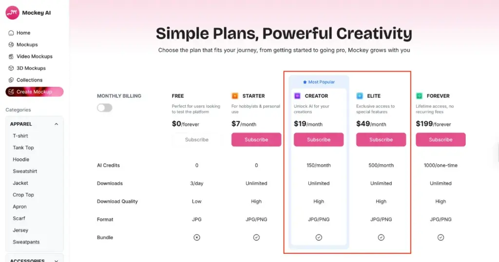 select from creator or elite plan for animated mockups