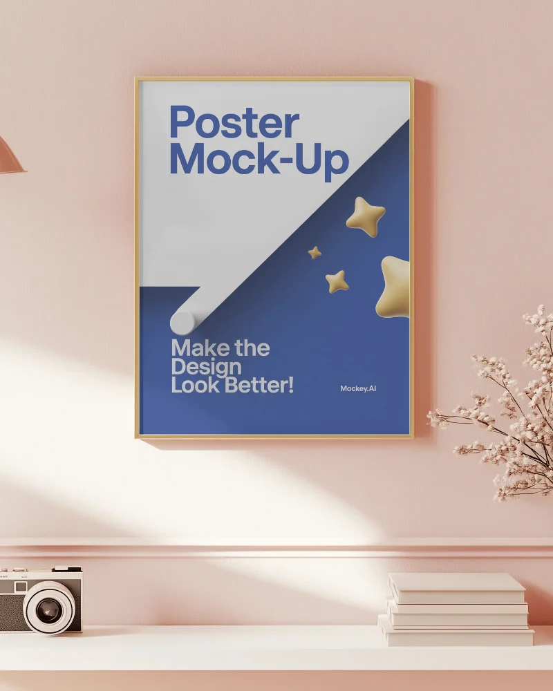 pastel living room poster mockup soft pink wall and natural lighting with vintage camera and books cozy and aesthetic