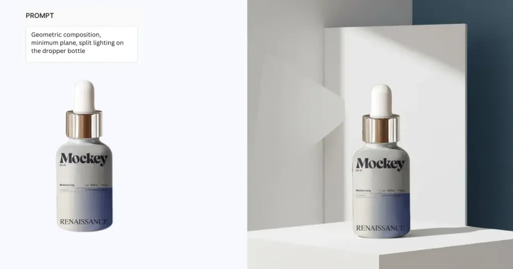 geometric composition, minimum plane, split lighting on the dropper bottle prompt