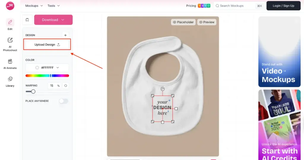 upload design to bib template and edit