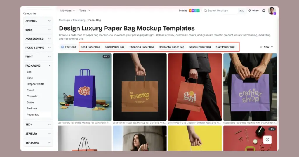 different paper bag mockup templates in mockey ai