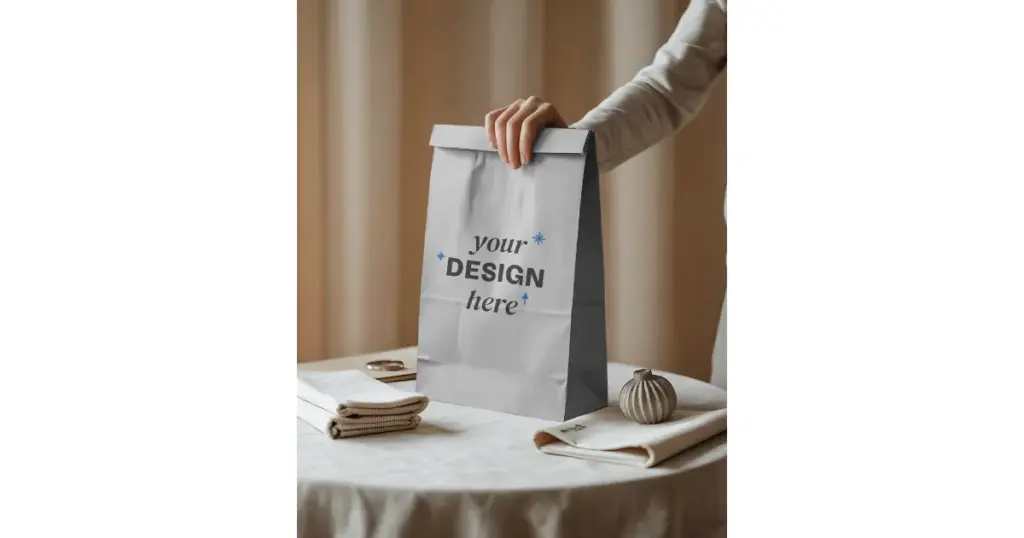 food paper bag held by hand on a styled table