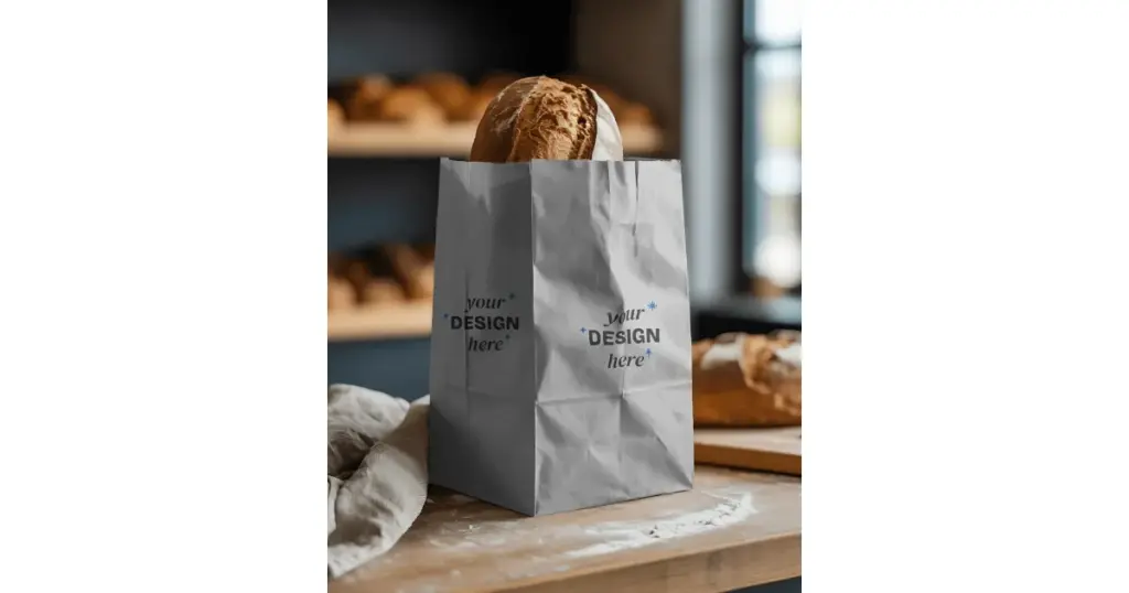mockup displays bakery bread inside a Kraft paper bag