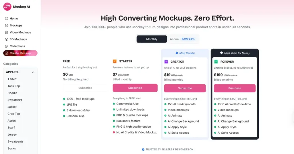 mockey ai different pricing plan