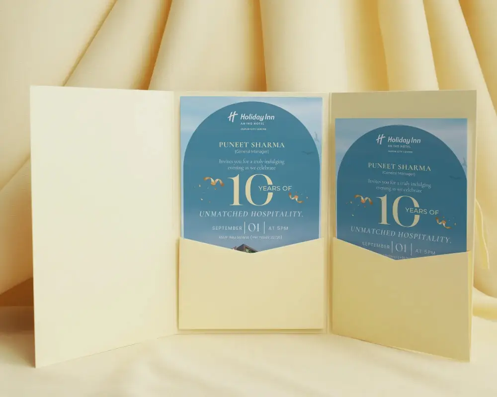 elegant trifold invitation card mockup with pocket sleeves for custom design showcase