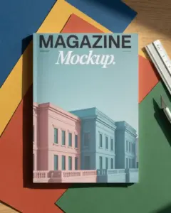 blank hardcover magazine mockup with cutting knife and ruler on colorful paper background