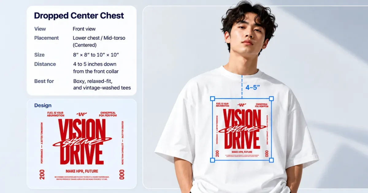 dropped center chest design placement chart