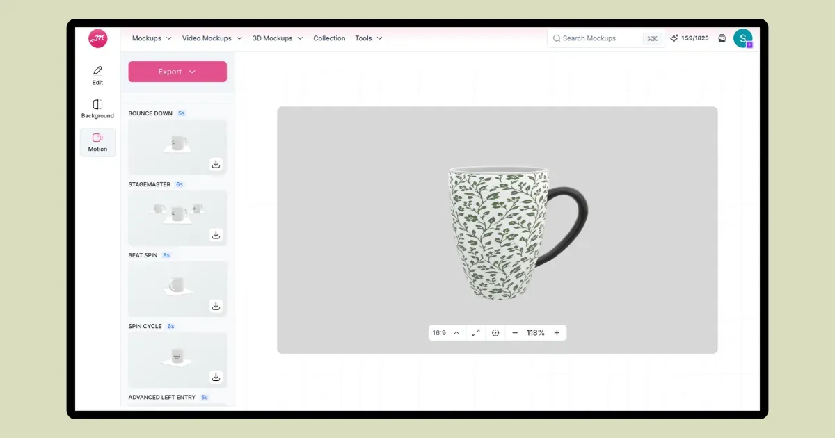 export in rotating motion animation of 3d mockup