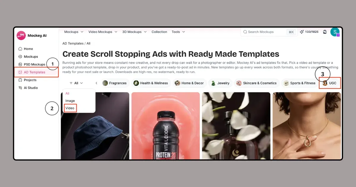 open ad templates, switch the filter to video, and select ugc